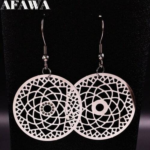 Round Flower Stainless Steel Dangle Earrings Women Fashion Silver Color Statement Earrings Jewelry pendientes mujer E1627S02