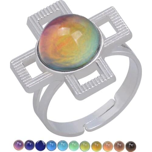 Fashion Hollow Cross Gem Feeling Mood Discoloration Open Rings for Women Boho Jewelry Vintage Adjustable Ring Anillos Mujer