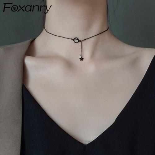 Foxanry 925 Sterling Silver Charm Chain Necklace for Women New Fashion Black Stars Pendant Clavicle Chain Bride Jewelry Gifts