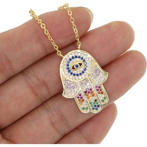 Cheaper Gold color multi color rainbow cz lucky Turkish evil eye jewelry women Charm Dainty Simple hamsa hand fatimas necklace
