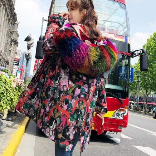 Personality Abstract Print Overcoat Female Real Fur Liner Parka Feminina Coat Large Raccoon Fur 2018 New Multi-color Pike Jacket