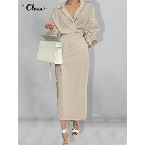 Women Long Dress 2021 Celmia Fashion Elegant Lapel Long Sleeve Shirt Bandage Maxi Dress Autumn Casual Loose Solid Vestidos Robe