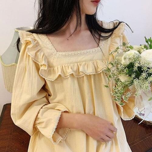 Vintage Style Ladies Lolita Dress Sleepwear Cream-colored Square Neck Princess Sleepshirts Nightgowns Nightdress Cute Lounge