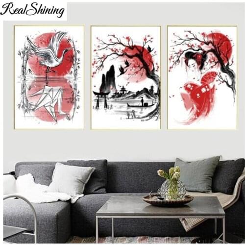 3D Japan Geisha crane Art full square round diy diamond painting 5d diamond embroidery mosaic diamond cross stitch 3 pcs FS6789
