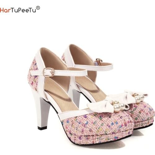 Summer Girls Lolita High Heel Sandal Women 2cm Platform Pumps Bow Pearl Sequins Decorate Cute Wedding Party Dress Stilettos