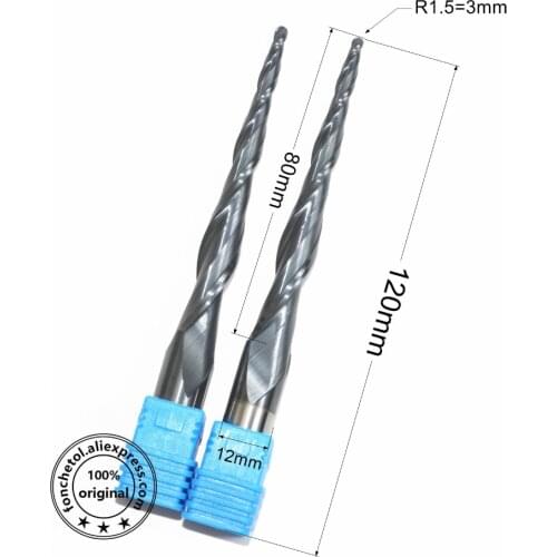 HRC55 solid carbide D12*R1.5*80*120L TiALN Coated Taper Ball Nose End Mill,cone milling cutter,Spherical woodworking router bit