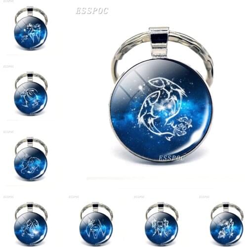 Cute Cabochon Zodiac Signs Keyrings Aries Leo Constellations Keychains Virgo Pisces Key Chains Rings Pendant Women Birthday Gift