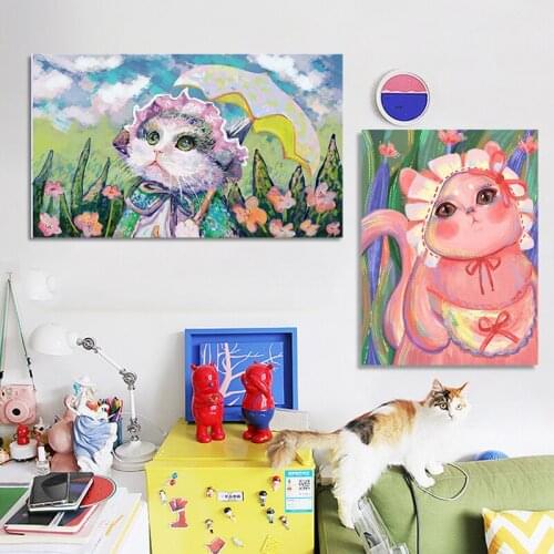 Minimalist Nordic Style Kawaii Cat Girl and Flower Art Prints Posters Nursery Wall Pictures Canvas Painting Girl Kids Room Decor