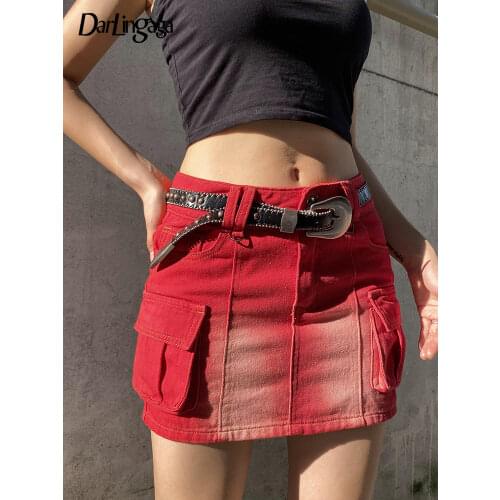 Darlingaga Fashion Red Gradient Cargo Low Waist Denim Skirt Pockets Bodycon Club Party Mini Skirts Female Y2K Super Short Hot