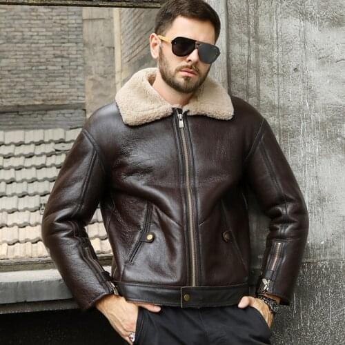 Shearling Sheepskin Genuine Leather Fur Coat male B3 Bomber Jacket Aviator Outerwear Motorcycle Men Thick Winter Warm Jacket