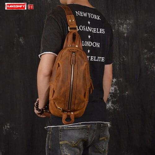 New vintage leather shoulder bag Mens Crazy Horse Skin men Chest Pack Cowhide Back pack Leather Casual Outdoor Messenger Bags