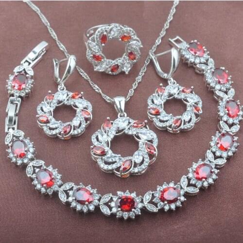Exquisite Red Zirconia Silver Color Jewelry Sets For Women Wedding Crystal Bracelet Necklace Pendant Earrings Ring Set YZ0378