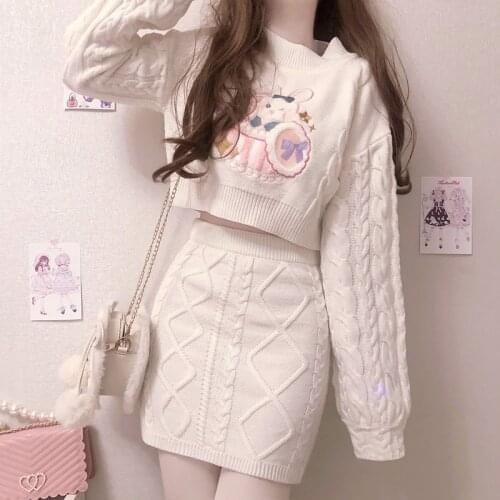 Japanese twist sweater bust skirt suits female soft spring sister rabbit embroidery joker brief paragraph knitting coat