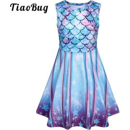 Girl Sleeveless Dress Fish Scales Print Stage Performance Princess Cosplay Sundress 4-13 Years