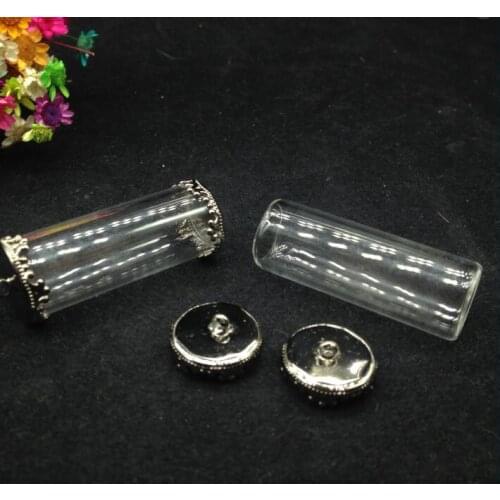 100sets/lot 40*15mm empty open tube glass globe findings black crown button base glass vial bottle jewelry diy pendant necklace
