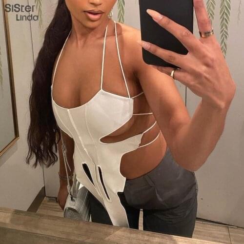 Sisterlinda Summer Solid White Sexy Backless bandage Y2K Slim Tank Top Women Hollow Lace Up Sleeveless Vest Female Tees 2021 New