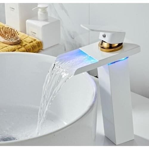 Bathroom Basin Faucet LED Faucet White and Gold Sink Waterfall faucet Single Hole Cold Hot Gold Tap Basin Mixer Taps Torneira