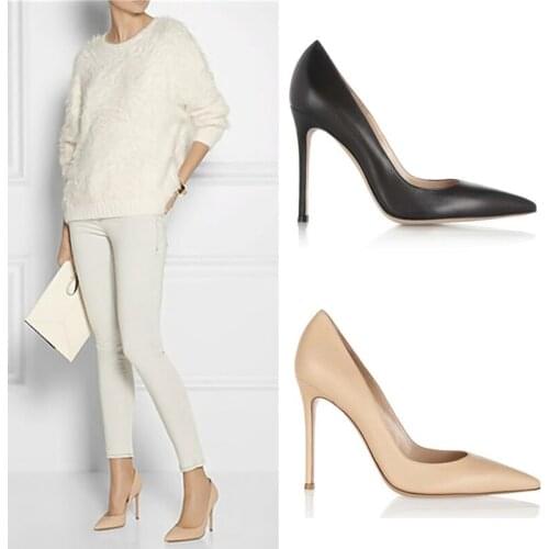 Nude Black White Sheepskin High Heels Sexy Party Thin High Heel Office Lady Matte Leather Pumps Pointed Toe Wedding Shoes