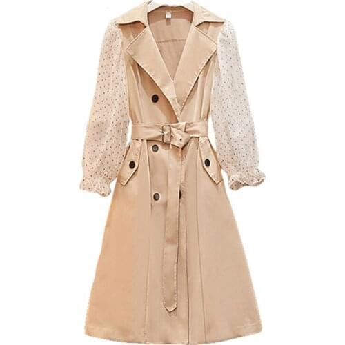 Fashion Womens Windbreaker Long Section Lapel Belt Mesh Stitching Lantern Sleeve Elegant Coat Princess Costume Spring autumn A8