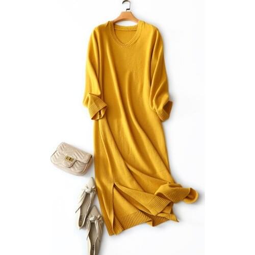 High quality winter new styles 100% cashmere dresses women fashion knitted long sleeve warm thick pullovers side slit
