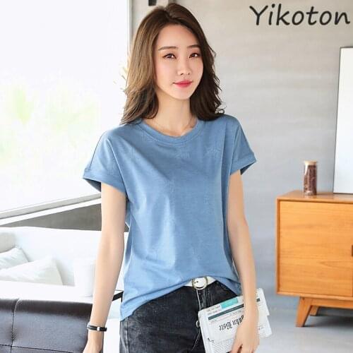 2021 Summer Clothes For Women Short Sleeve T Shirt O-Neck Tops Solid Basic Female Clothing Fashion Blue Cotton Female Tshirt