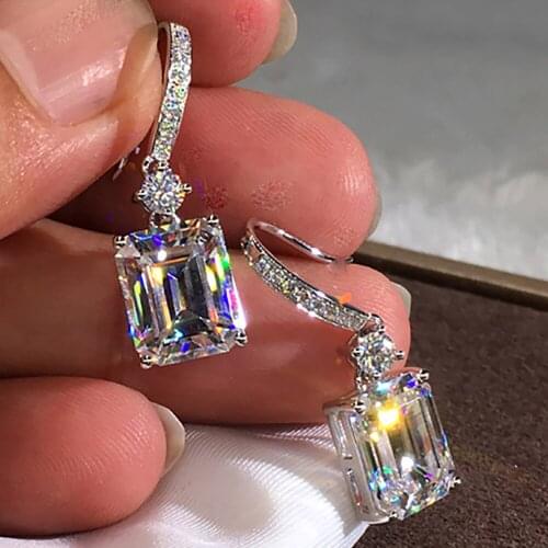 10K White Gold Women Drop Clip Earrings Hook Moissanite Diamonds 3 Carat Emerald Rectangle Wedding Party Engagement Anniversary