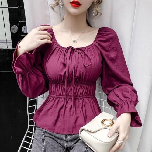 Square collar puff sleeve women tops neck off shoulder slim fit shirts ruched elastic waist blouses 2021 fashion casual blusas