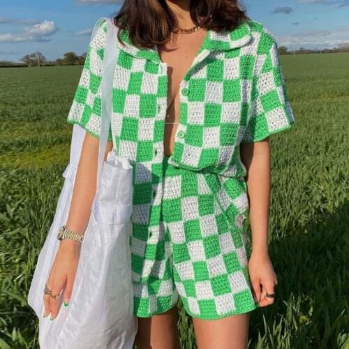 Women Plaid Print Two Piece Outfits Summer Short Sleeve Button Down Loose Knit Tops and Short Pants Set Green Pink Purple Black