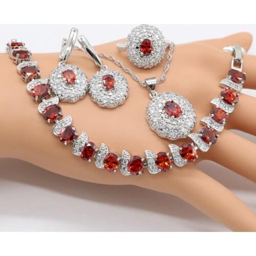Red Garnet White Zircon Princess Wedding Jewelry Set Sterling Silver colorcolor Women Earrings Ring Necklace Pendant Bracelet