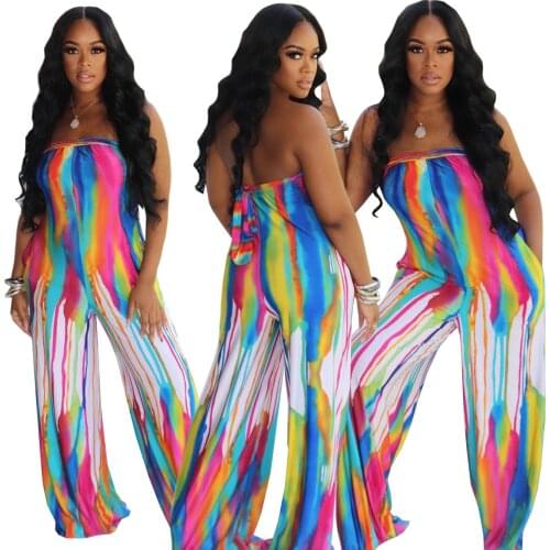 Hot Sale S-2XL Women Casual Jumpsuits 2021 Strapless Colorful Striped Print Sleeveless Loose Wide Leg Pants Rompers Nightclub