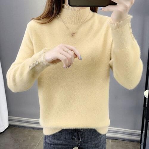 Autumn Half Turtleneck Sweater Women 2021 Candy Color Knit Jumpers Lace Splicing Imitation mink velvet Basic Knitwear Pull Femme