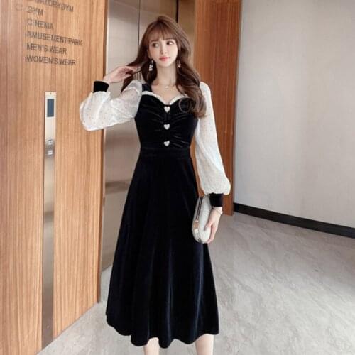 Velvet Spring Autumn Dress Women 2021 Sexy Elegant Long Sleeve Slim Bodycon Bandage Love Button Patchwork Long Party Dresses Bla