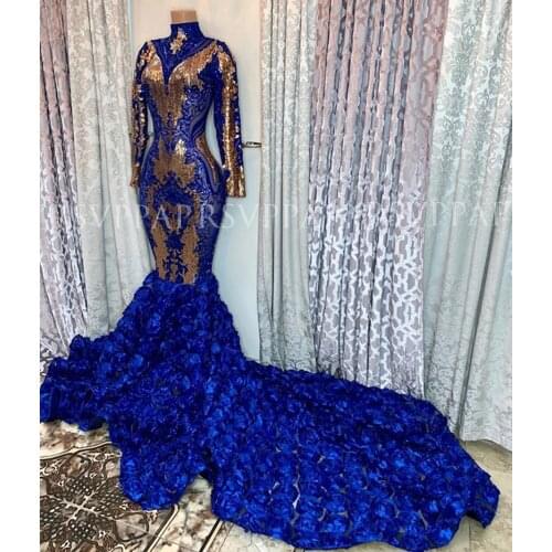 Long Royal Blue Mermaid Prom Dresses 2021 Luxury Gold Sequin 3D Flowers Long Sleeve Africa Black Girl Prom Dress