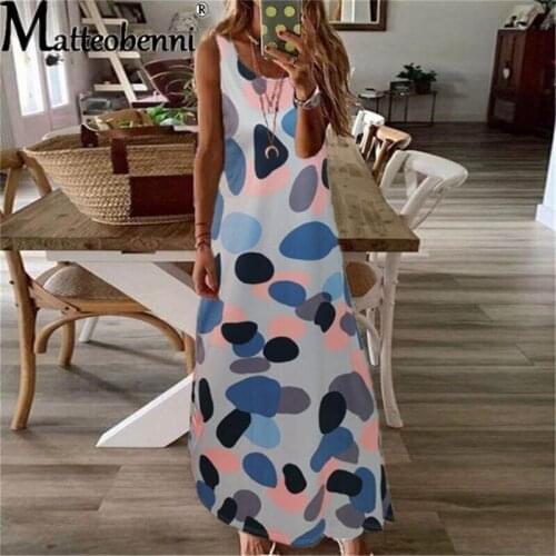 Womens Printing Dress Summer Big Polka Dot Sleeveless Long Dress 2021 Fashion Bohemian Holiday Style Big Swing High Waist Dress