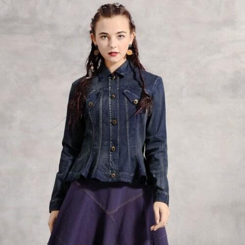 Johnature Vintage Denim Coat Women Clothes 2021 New Autumn Turn-down Collar Asymmetric Length Single Breasted Women Jacket