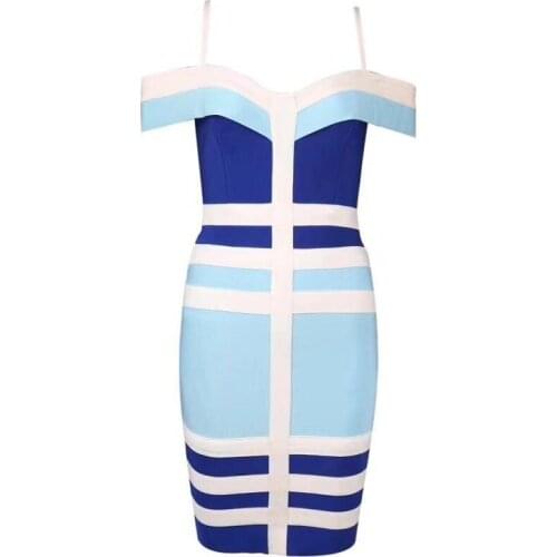 2019 New Summer High Quality Rayon Bandage Dress Women Vestidos Sexy Off Shoulder V Neck Club Celebrity Evening Party Dress Blue