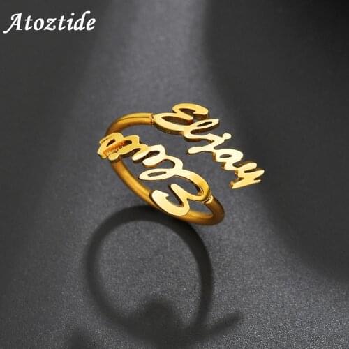 Atoztide Customized Fashion Stainless Steel Double Name Ring Personalized Letter Gold Ring Nameplate Jewelry Gift For Lovers