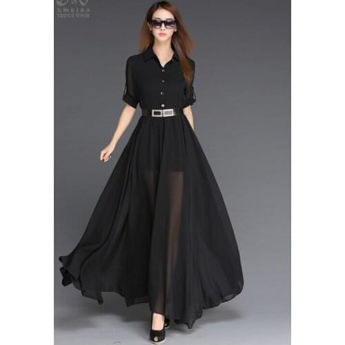 Free Shipping Elegant Turn-down Collar Short Sleeve Pure Color Chiffon Long Dress