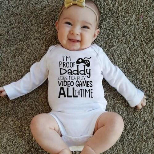 I'm Proof Daddy Does Not Play Video Games All The Time Printed Long Sleeve Baby Bodysuit Funny Body Baby Boy Girl Onesie Clothes