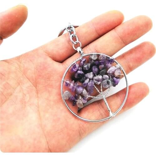 Natural Stone 7 Chakra Round Tree of Life Keychains Women Fashion Crystal Tree Key Ring On Bags Female Jewelry Party Gift