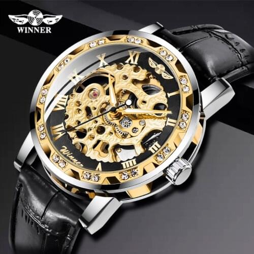 Winner Black Golden Retro Luminous Hands Fashion Diamond Display Mens Mechanical Skeleton Wrist Watches Top Brand Luxury Clock