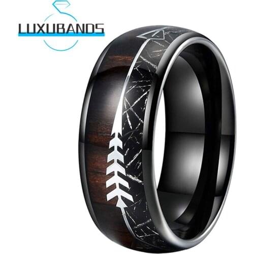 Tungsten Carbide Rings For Men Women 8MM Engagement Bands Black Meteorite Wood Arrows Inlay Polished Finished Comfort Fit