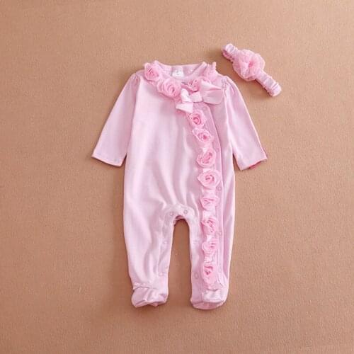 Newborn Baby Girls Long Sleeve Romper Three-dimensional Flower Bodysuit Jumpsuit Clothes Outfits Set Attached Headband