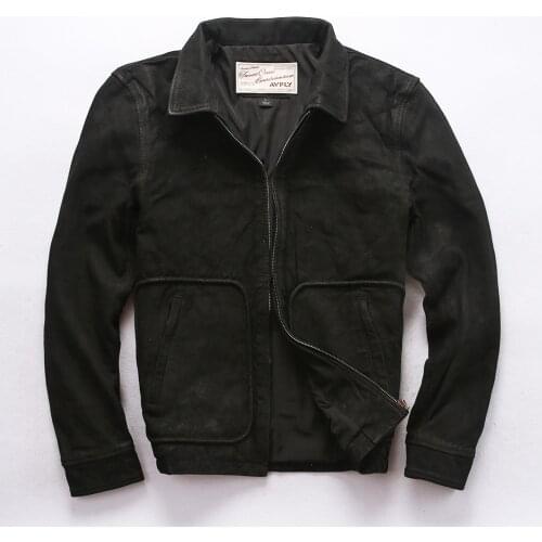 AVFLY 2019 Men Vintage Black Genuine Cowskin Motorcycle leather jacket 100% Real Cowhide Slim Jackets Winter Russia Coats