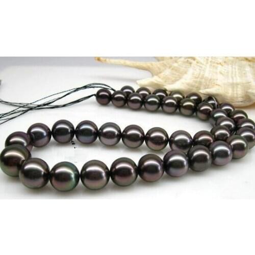 18"8-9mm natural Tahitian genuine black round pearl necklace 925silver