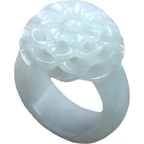 Natural womens brand jade ring hand-polished jade hand-carved Carving pattern jade ring flower emerald rings inner size 19mm