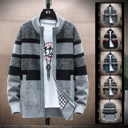 New winter patchwork striped sweater men spring autumn fleece thick warm zip cardigan sweater coat jacket
