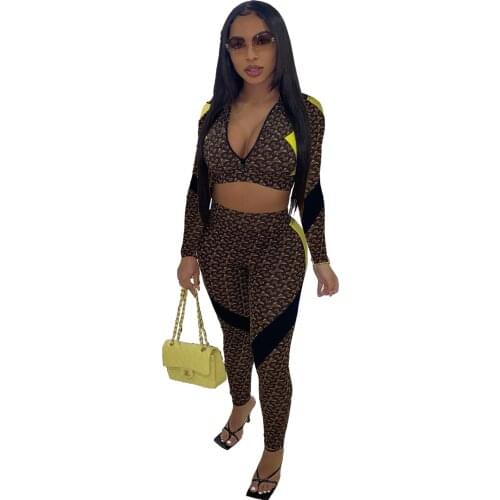 Autumn Winter Zipper Exposed Belly Button Print Fashion Casual Crop Top And Pants Two-Piece Suit Sexy Club Outfits For Women Set