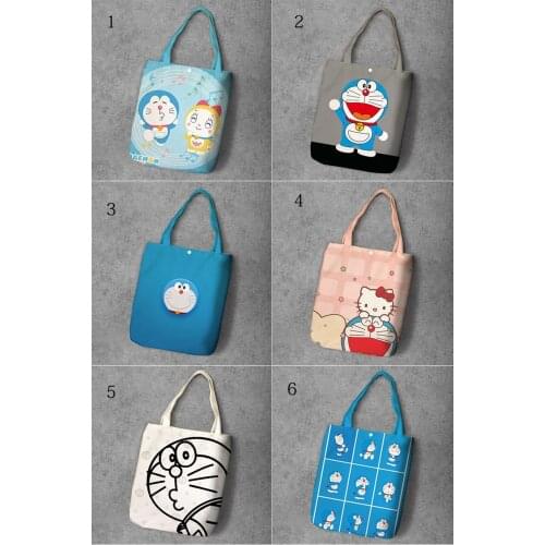 Doraemon Cartoon Student Printed Recycle Canvas Shopping Bag Large Capacity Customize Tote Fashion Ladies Casual Shoulder Bags