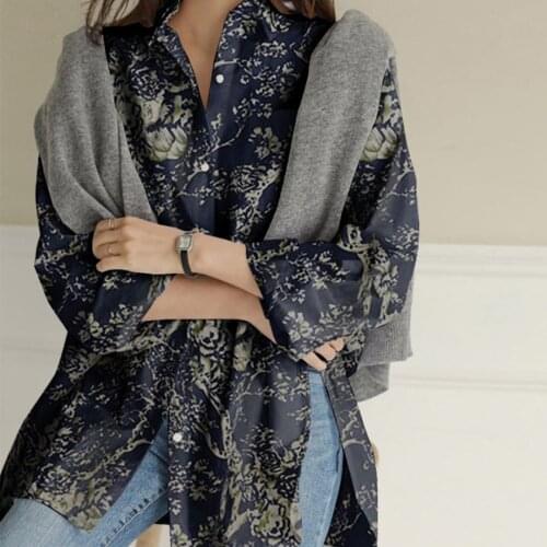 Womens New Printed Blouse Slit Long Sleeve Blouse Fashion Button Loose Casual Top Blusas Femininas De Verao 2021 #G3